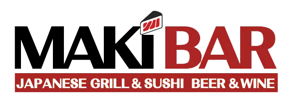 Maki Bar logo, featuring bold black and red text with a small sushi icon above the 'i', and a red banner below reading "JAPANESE GRILL & SUSHI BEER & WINE"